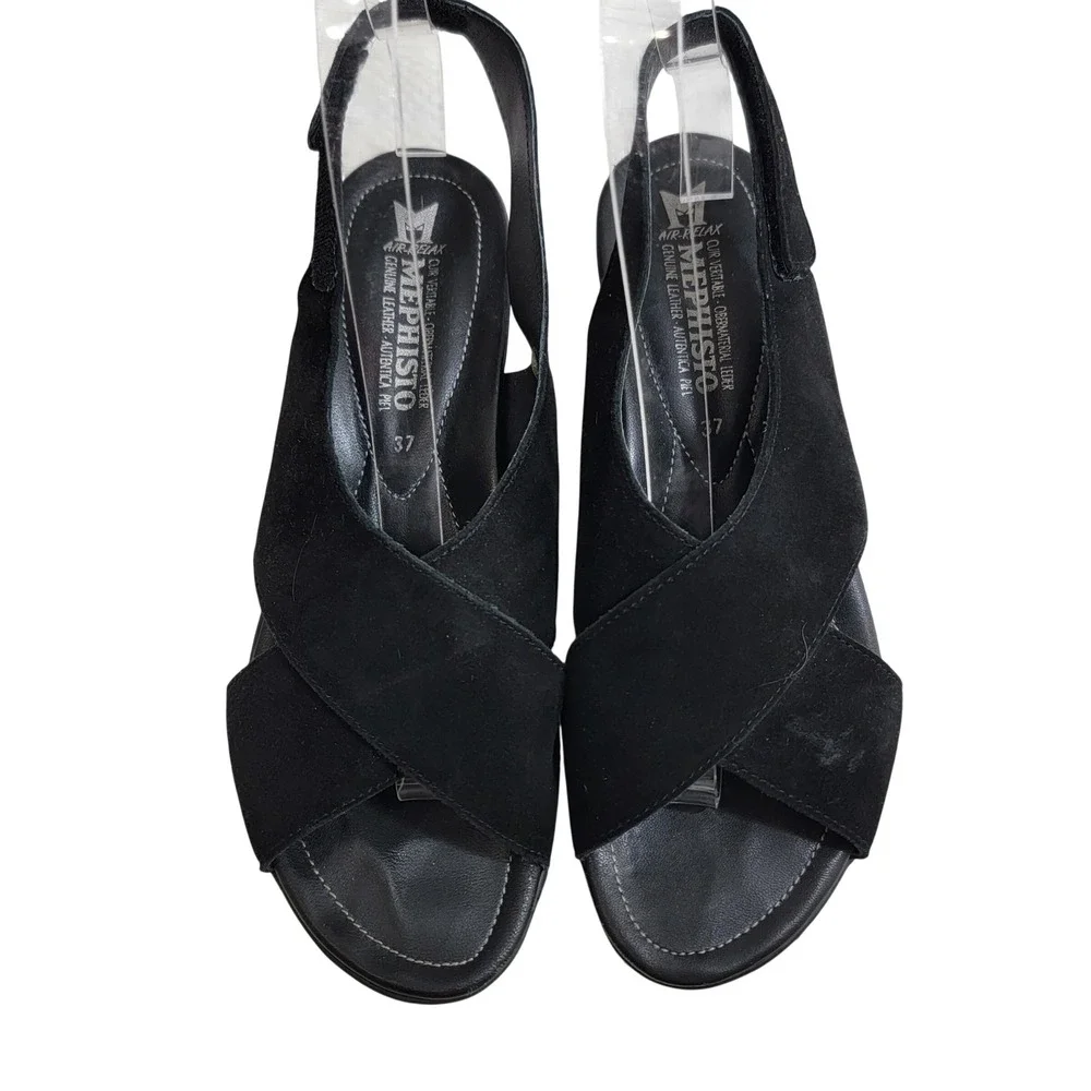 Mephisto Air-Relax‎ Black Suede Wedge Criss Cross Sandals 37 Portugal Slingback